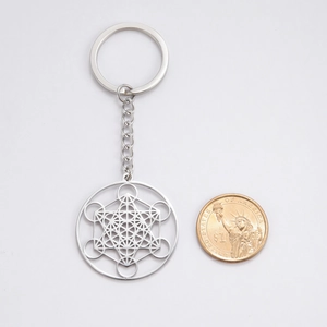 Metatron's Cube stainless steel keychain with size reference coin on white background