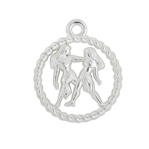 Antique silver Gemini zodiac pendant featuring a hollow design and intricate rope border