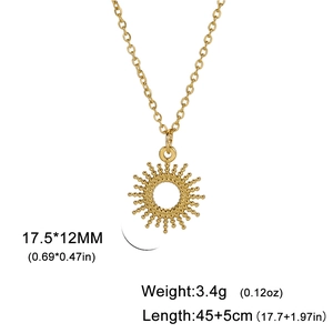 Detailed specs of sun pendant necklace with 17.5x12mm size and 45+5cm gold chain