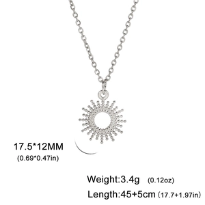 Stainless steel sunburst pendant necklace with measurements 17.5x12mm and 45+5cm chain