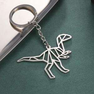 Polierter Edelstahl Dino Schlüsselanhänger mit geometrischem hohlem Punk Design in Silber