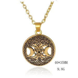 Golden Viking crescent moon and pentagram necklace with intricate Celtic knot patterns