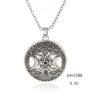 Vintage silver Wicca triple moon pentagram necklace with Celtic knot patterns, 40x35mm size
