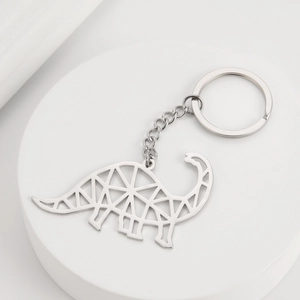 Polished silver stainless steel hollow geometric brachiosaurus dinosaur keychain