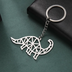 Minimalist silver stainless steel brachiosaurus dinosaur pendant keychain with link chain