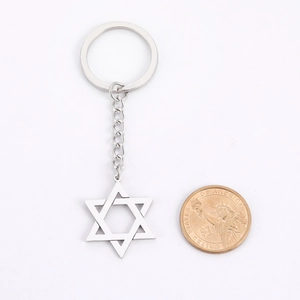 Détail du pendentif étoile hexagramme sur porte-clés en acier avec pièce pour l'échelle