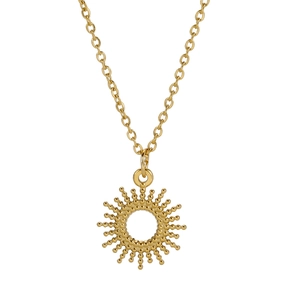 Gold sun pendant necklace with stainless steel bead and cable chain on white background