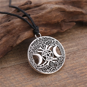 Vintage Wicca Triple Moon Pentagram Pendant Necklace Nordic Viking Celtic Knot Alloy Jewelry Gift Antique Silver Gold