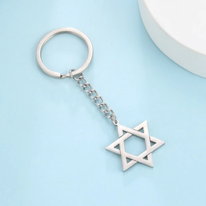 Porte-Clés en Acier Inoxydable Étoile de David Hexagramme Anneau de Clé en Métal Pendentif Géométrique pour Hommes Femmes Cadeau