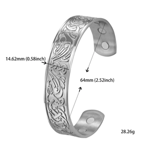 Retro stainless steel open cuff bracelet with black etched bird patterns and magnetic therapy
