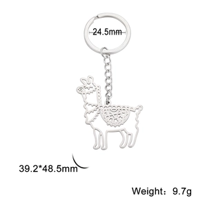 Polished stainless steel alpaca cutout pendant keychain with chain on white background