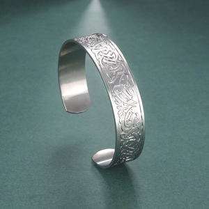 Retro 304 stainless steel open cuff bracelet with Celtic bird patterns and silver finish