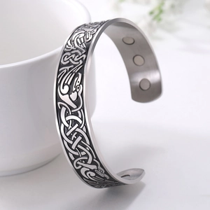 Vintage 304 Stainless Steel Viking Raven Cuff Bangle With Magnetic Stones Celtic Knot Embossed Open Bracelet For Men Jewelry