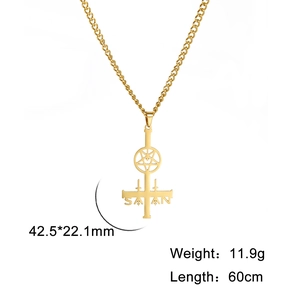 Detail view of golden Satanic circular pentagram and inverted cross pendant necklace