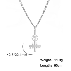 Inverted cross satanic pentagram necklace in stainless steel with SATAN pendant detail