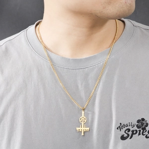 Minimalist gold inverted cross necklace with star and Satan engraving for men and women