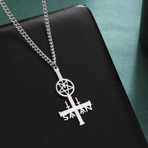 Gothic stainless steel inverted cross pendant with pentagram and Satan engraving
