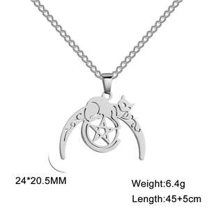 Minimalist stainless steel necklace featuring crescent moon cat and pentagram pendant
