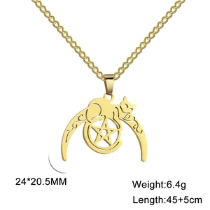 Detail view of gold moon cat and star pendant with 24x20.5MM size measurements