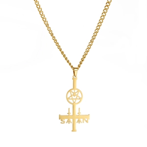 Gold stainless steel inverted cross necklace with pentagram and SATAN engraving