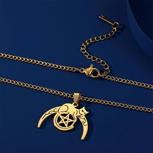 Golden moon cat and pentagram pendant necklace in stainless steel with elegant blue background