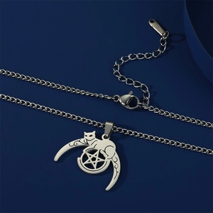 Macro shot of silver moon cat and pentagram pendant with stainless steel chain