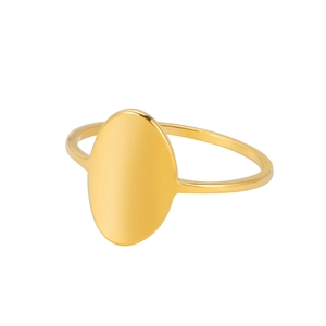 Minimalist gold stainless steel ring with a polished oval flat top surface on white background