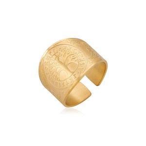 Vintage gouden roestvrijstalen ring met levensboom, noorse runen en matte afwerking
