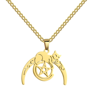 Minimalist gold stainless steel necklace with crescent moon, cat, and pentagram pendant