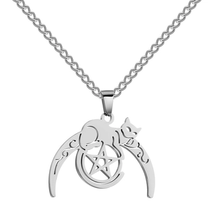 Detail view of the silver stainless steel moon and cat silhouette hollow pendant