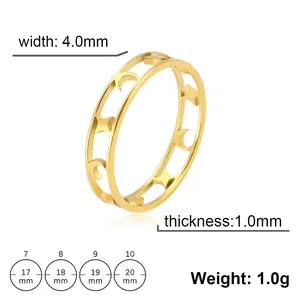 Guía de tallas y detalles técnicos para anillo de acero dorado con estrella y luna