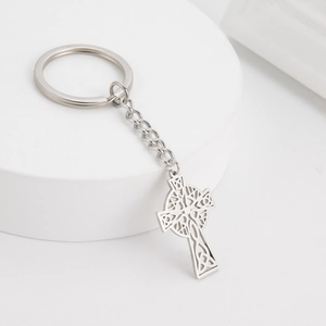 Polished 304 stainless steel Celtic cross keychain with intricate hollow carving