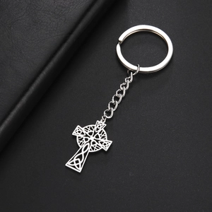 Detailed macro view of the intricate hollow Celtic cross pendant on a stainless steel keychain