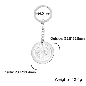 Stainless steel keychain featuring a hollow tree of life pendant with double ring design