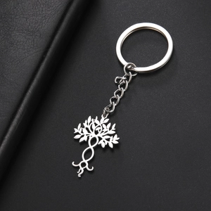 Detailopname van levensboom hanger met oneindigheidssymbool aan een roestvrijstalen ring