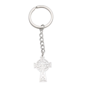 Creative stainless steel Celtic cross keychain with hollow pendant and silver metal ring