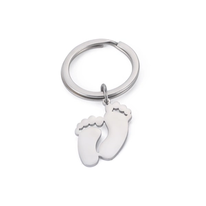 Cute polished stainless steel baby footprint keychain in shiny silver metal finish