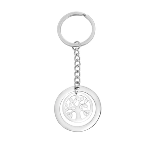 Titanium steel tree of life keychain with polished silver round pendant and hollow design