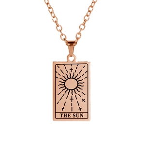 Rose gold stainless steel necklace with rectangular The Sun tarot card pendant and fine chain