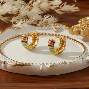 Vintage rainbow enamel hoop earrings with colorful stripes and gold-tone finish for women