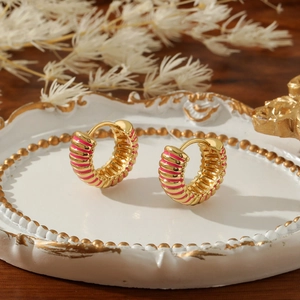 Retro rainbow hoop earrings with pink enamel stripes on gold-plated round rings