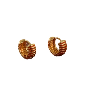 Retro rainbow hoop earrings with gold base and orange enamel stripes in a pair