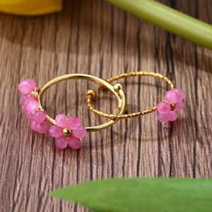 Adjustable gold stainless steel ring with elegant pink matte flower beads for women