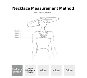 Größentabelle für Halskettenlängen von 35cm bis 50cm auf einer weiblichen Silhouette