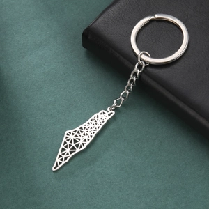 Detailed close-up of a 304 stainless steel Israel map keychain with geometric patterns