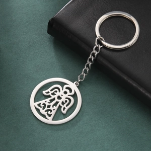 Porte-clés en acier inoxydable avec pendentif ange évidé et motifs de feuilles fins