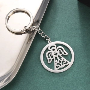 Porte-Clés Pendentif Ange en Acier Inoxydable Design Creux de Cœur Anneau en Métal Argenté Poli Pour Usage Quotidien Cadeau Unisexe