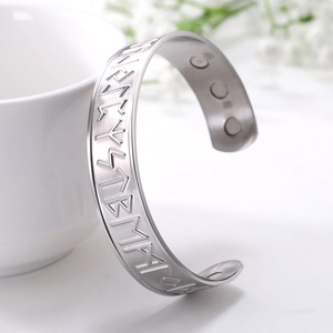 Vintage stainless steel open bangle with engraved runes and inner magnetic health therapy
