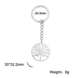 Polished stainless steel Tree of Life keychain with 30mm hollow pendant and 24.5mm ring