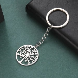 Polished stainless steel keychain featuring a hollow Tree of Life circular pendant